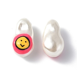 Cerise Shell Enamel Beads, Oval with Smiling Face, Cerise, 21~21.5x12.5~13x12mm, Hole: 1~1.2mm