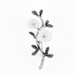 Blanc Broche coquillage naturel branche et fleur, Alliage avec épinglette en strass pour vêtements de sac à dos, sans plomb et sans cadmium, argent antique, blanc, 54~55x22x13~16mm, Trou: 4x6mm, pin: 0.7 mm