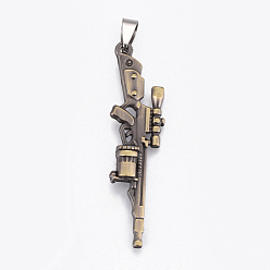 Antique Bronze & Stainless steel Color Tibetan Style Alloy Big Pendants, with Stainless Steel Findings, Gun, Antique Bronze & Stainless steel Color, 56x15.5x7mm, Hole: 4.5x9mm