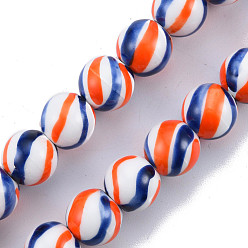Dark Blue Handmade Porcelain Bead Strands, Famille Rose Style, Round with Stripe Pattern, Dark Blue, 10.5mm, Hole: 2mm, about 30pcs/strand, 11.81 inch(30cm)