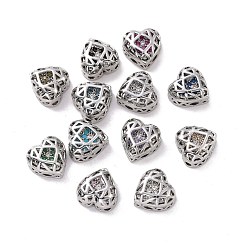 Mixed Color Eco-friendly Brass Cubic Zirconia Multi-Strand Links, Nickel Free, Cadmium Free & Lead Free, Heart, Platinum, Mixed Color, 8x8x5mm, Hole: 1.2mm