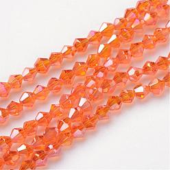 Orange Foncé Chapelets de perles en verre, de couleur plaquée ab , facette, Toupie, orange foncé, 4x4mm, Trou: 1mm, Environ 92~96 pcs/chapelet, 13.78~14.37 pouce