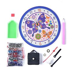 Mixed Color 5D DIY Diamond Painting Kits For Clock Making, with Diamond Painting Cloth, Resin Rhinestones, Diamond Sticky Pen, Tray Plate and Glue Clay, Plastic Clock Movement and Pointers, Butterfly, Mixed Color, Box: 22.2x22.5x3.8cm