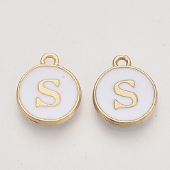 Letter S Golden Plated Enamel Alloy Charms, Enamelled Sequins, Flat Round, White, Letter.S, 14x12x2mm, Hole: 1.5mm, 100pcs/Box