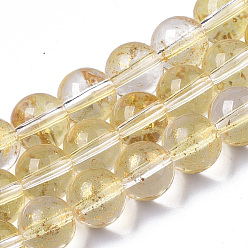 Gold Transparent Spray Painted Glass Bead Strands, with Golden Foil, Round, Gold, 8~9mm, Hole: 1.2~1.5mm, about 46~56pcs/Strand, 14.37 inch~16.3 inch(36.5~41.4cm)