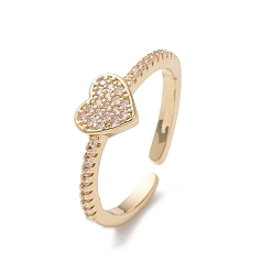 Chapado en Oro Real de 16K Anillo de puño de circonita cúbica transparente de corazón, joyería de anillo abierto para mujer, real 16 k chapado en oro, 2 mm, diámetro interior: 17 mm