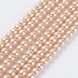 BurlyWood Eco-Friendly Glass Pearl Beads Strands, Grade A, Round, Dyed, Cotton Cord Threaded, BurlyWood, 14mm, Hole: 1.2~1.5mm, about 30pcs/strand, 15.7 inch