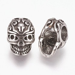 Antique Silver 316 Surgical Stainless Steel European Beads, Large Hole Beads, Skull, Antique Silver, 12x8.5x8mm, Hole: 4mm