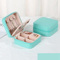 Turquoise Sqaure PU Leather Jewelry Box, with Mirror, Travel Portable Jewelry Case, Zipper Storage Boxes, for Necklaces, Rings, Earrings and Pendants, Turquoise, 10x10x5cm