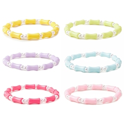 Mixed Color 6Pcs 6 Color Bamboo Stick Acrylic & ABS Plastic Pearl Beaded Stretch Bracelets Set, Stackable Bracelets for Kids, Mixed Color, Inner Diameter: 2 inch(5cm), 1Pc/color