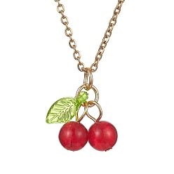 Golden Natural Dyed Malaysia Jade Cherry Pendant Necklaces, with 304 Stainless Steel Chains, Golden, 16.02 inch(40.7cm)