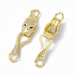 Real 18K Gold Plated Rack Plating Brass Micro Pave Clear & Black Cubic Zirconia S-Hook Clasps, Long-Lasting Plated, Cadmium Free & Lead Free, Leopard, Real 18K Gold Plated, 49mm, Hole: 4mm, Leopard: 25x11.5x7.5mm, Clasp: 28x11x4mm