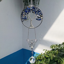 Lapis Lazuli Glass Teardrop Pendant Decoration, Hanging Suncatchers, with Natural Lapis Lazuli Chip Tree of Life, for Window Home Garden Decoration, Butterfly, 370mm