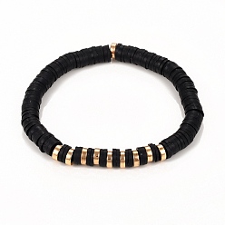 Noir Bracelets élastiques faits à la main de perles heishi en pâte polymère, avec des non-magnétiques perles synthétiques d'hématite, noir, diamètre intérieur: 2-3/8 pouce (6.2 cm)