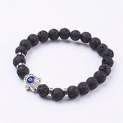 Lava Rock Natural Lava Rock Stretch Bracelets, with Tibetan Style Frame Links and Evil Eye Lampwork Round Bead, Hamsa Hand/Hand of Fatima/Hand of Miriam, 2-1/8 inch(54mm)
