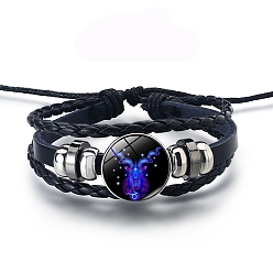 Capricorn Alloy Braided Bead Bracelets, Leather Multi-Strand Bracelet, Glass Constellation Bracelet, Capricorn, 7-7/8 inch(20cm)