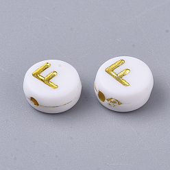 Letter F Perles acryliques plaquées, métal doré enlaça, trou horizontal, rond et plat avec alphabet, blanc, letter.f, 7x3.5mm, Trou: 1.2mm, environ3600 pcs / 500 g