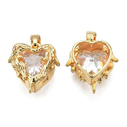 Clear Brass Micro Pave Cubic Zirconia Charms, with Brass Snap on Bails, Heart Charms, Real 18K Gold Plated, Nickel Free, Clear, 15x14x8mm, Hole: 4x3mm