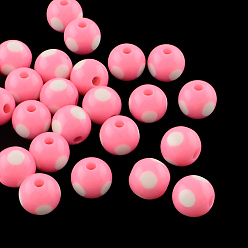 Pink Dot Pattern Opaque Acrylic Beads, Round, Pink, 16x15mm, Hole: 3mm, about 220pcs/500g