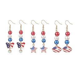 Mixed Color 304 Stainless Steel Dangle Earrings, Independence Day Theme Baking Painted Pearlized Glass Pearl Beaded Earring, Alloy Enamel & Rhinestone Butterfly/Star/Lip Pendant Earring for Women, Mixed Color, 58~64mm, Pin: 0.8mm, 3 pairs/set