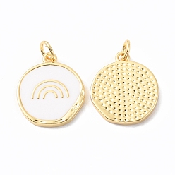 White Rack Plating Brass Pendants with Jump Ring, with Enamel, Long-Lasting Plated, Cadmium Free & Lead Free, Flat Round with Rainbow, White, 18x15x2mm, Hole: 3mm