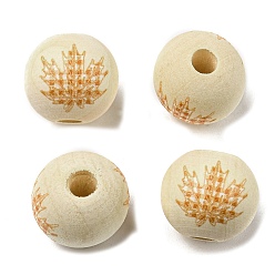 Feuille Perles européennes en bois d'automne, perles imprimées à gros trous, ronde, feuille, 16mm, Trou: 4mm