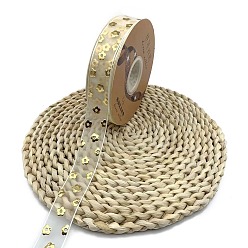 Flower 50 Yards Gold Stamping Organza Ribbon, Polyester Printed Ribbon, for Gift Wrapping, Party Decorations, Flower, 1 inch(25mm)
