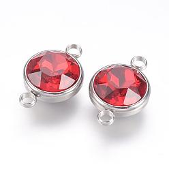 Red K9 Glass Rhinestone Links connectors, with 304 Stainless Steel Findings, Flat Round, Red, 14x21.5x9mm, Hole: 2.5mm