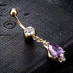 Purple Piercing Jewelry, Eco-Friendly Brass Cubic Zirconia Navel Ring, Belly Rings, with 304 Stainless Steel Bar, teardrop, Real 18K Gold Plated, Purple, 45x12mm, Bar: 15 Gauge(1.5mm), Bar Length: 3/8"(10mm)