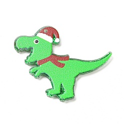 Lime Printed  Acrylic Pendants, with Glitter Sequins, for Christmas, Dinosaur with Christmas Hat Charm, Lime, 36x33x2.5mm, Hole: 1.8mm