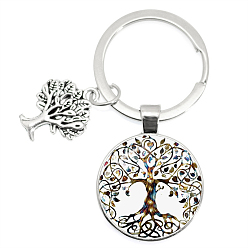 White Glass Keychains, Flat Round with Tree of Life Charms, 6.2cm
