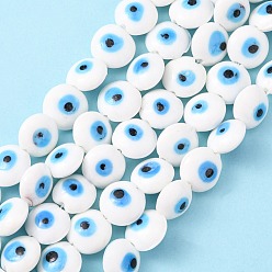 Blanco Redondas plana mal de ojo hebras de perlas de murano, blanco, 15~16x8~9 mm, agujero: 2 mm, sobre 24 unidades / cadena, 13.7 pulgada