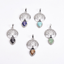 Mixed Stone Brass Pendants, Natural & Synthetic Mixed Stone, Faceted, Hollow Flat Round with Tree of Life and Teardrop, Platinum, 49x27x6mm