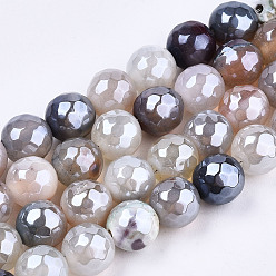 Antique White Electroplate Natural Agate Beads Strands, Dyed, Faceted, Pearl Luster Plated, Round, Antique White, 8.5x7~8mm, Hole: 1.2mm, about 47~48pcs/strand, 13.78 inch~13.98 inch(35cm~35.5cm)