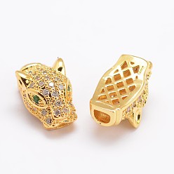 Real 18K Gold Plated Brass Micro Pave Cubic Zirconia Beads, Leopard, Lead Free & Nickel Free & Cadmium Free, Real 18K Gold Plated, 17x9.5x8mm, Hole: 1x2mm,  2.5x3.5mm