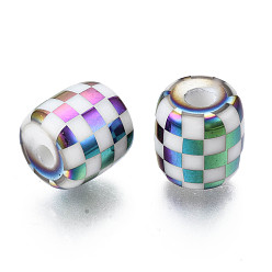 Colorful Electroplate Glass Beads, Column with Grid Pattern, Colorful, 11.5x11.5mm, Hole: 2.5mm, about 100pcs/bag