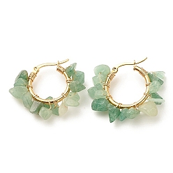 Green Aventurine Natural Green Aventurine Chips Braided Hoop Earrings, 304 Stainless Steel Wire Wrap Jewelry for Women, 25~27x28~33x7~9mm, Pin: 0.6mm