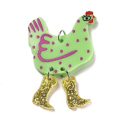 Light Green Opaque Printed Acrylic Big Pendants, with Platinum Iron Jump Ring, Hen with Glitter Boots Charms, Light Green, 51.5x34.5x2mm, Hole: 5mm