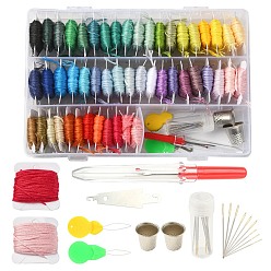 Mixed Color 50 Colors Polyester Embroidery Threads Kits, with 2Pcs Iron Thread Guide Tool, 10Pcs Steel Sewing Needles, 2Pcs Thimble, 1Pc Seam Ripper, Mixed Color, 45x50mm, about 0.5,mm, 8.74 yards(8m)/card