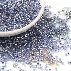 Aciano Azul Abalorios de la semilla de cristal, plata forrada, cilindro, azul aciano, 2x1.5 mm, agujero: 1.4 mm, sobre 50398 unidades / libra