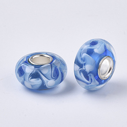 Bleu Perles européennes en lampwork faits à la main, Perles avec un grand trou   , avec noyaux simples en laiton plaqué couleur argent, rondelle, bleu, 14x7.5mm, Trou: 4mm