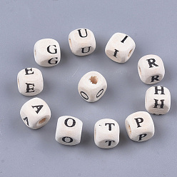 Floral White Natural Maple Wood Beads, Horizontal Hole, Undyed, Cube with Letter, Floral White, 7~8x7~8x7~8mm, Hole: 3mm, about 2500pcs/500g