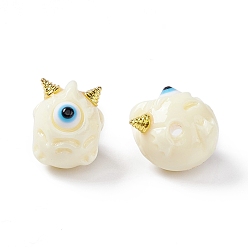 Beige Perles de résine opaques d'halloween, avec cornes en alliage doré, monstre à un seul œil, beige, 13x10.5x12mm, Trou: 1.8mm