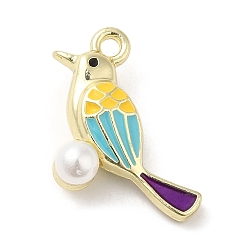 Cielo Azul Colgantes de la aleación del esmalte, con perlas de imitación de acrílico, dorado, amuleto de pájaro, el cielo azul, 18x20x8 mm, agujero: 1.8 mm