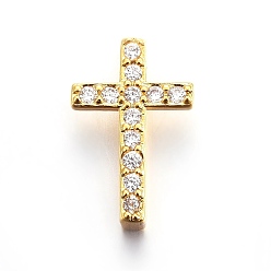 Golden Brass Micro Pave Cubic Zirconia Slide Charms, Cross, Clear, Golden, 14.5x9.5x4.5mm, Hole: 1.5x10mm
