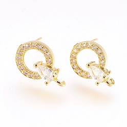 Golden Brass Micro Pave Cubic Zirconia Stud Earring Findings, with Loop, Lead Free & Cadmium Free, Ring with Teardrop, Clear, Golden, 13.5x9x4mm, Hole: 1mm, Pin:0.6mm