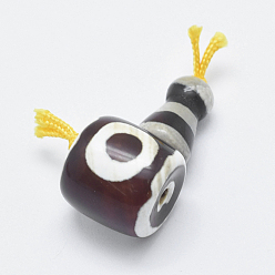 Brun De Noix De Coco Agate naturelle de dzi, 3 perles trou gourou, perles t-percées, pour la fabrication de bijoux bouddhiste, brun coco, 27x14x13mm, Trou: 2mm