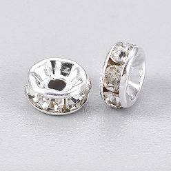 Silver Brass Rhinestone Spacer Beads, Grade A, Rondelle, Silver Color Plated, Size: about 8mm in diameter, 3.5mm thick, hole: 2mm