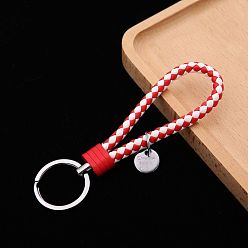Red PU Leather Knitting Keychains, Wristlet Keychains, with Platinum Tone Plated Alloy Key Rings, Red, 12.5x3.2cm
