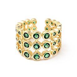 Real 18K Gold Plated Micro Pave Green Cubic Zirconia Cuff Rings, Rack Plating 3 Line Brass Open Rings for Women, Long-Lasting Plated, Cadmium Free & Lead Free, Real 18K Gold Plated, US Size 7(18mm)